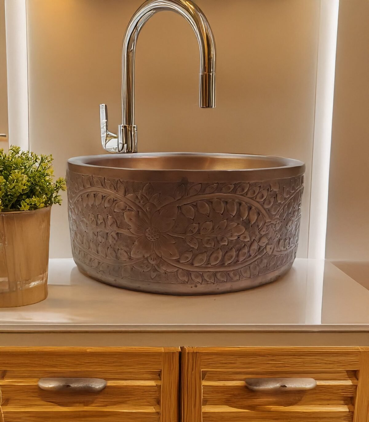 Artisan Glow Brass Antique Embossed Leaf Copper Kitchen Sink