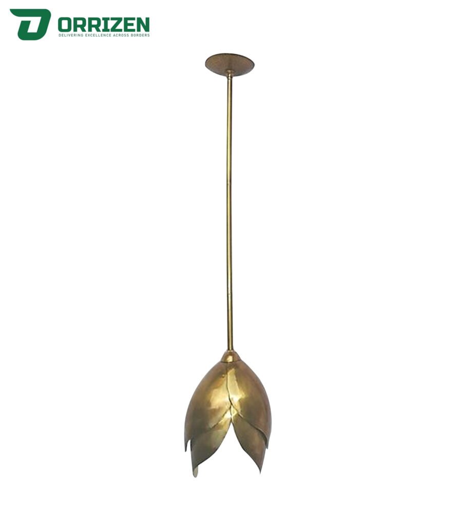 Iron Gold Finish Floral design Hanging Pendant Lamp typically suspended by a cord, chain, or metal rod.